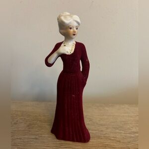 Vintage 1950s Victorian Lady In Red Velvet Dress Gold Trim Necklace 8” Tall